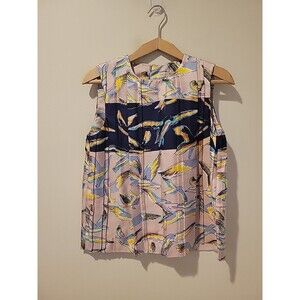 Emilio Pucci Silk Pleated Sleeveless Top Blouse Size 38/US 6 Designer Bird Print